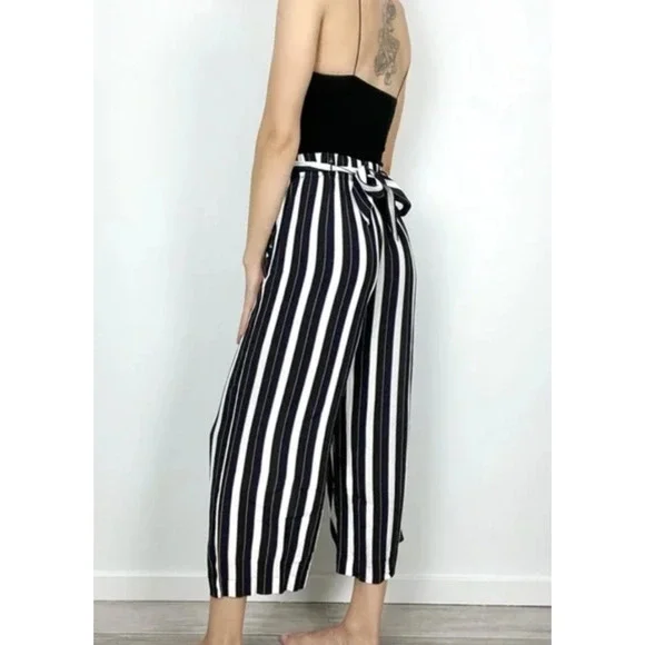 Aritzia Wilfred S Faun $178 Striped Gaucho Wide Leg Pants High Rise Crop Blue - Picture 14 of 15